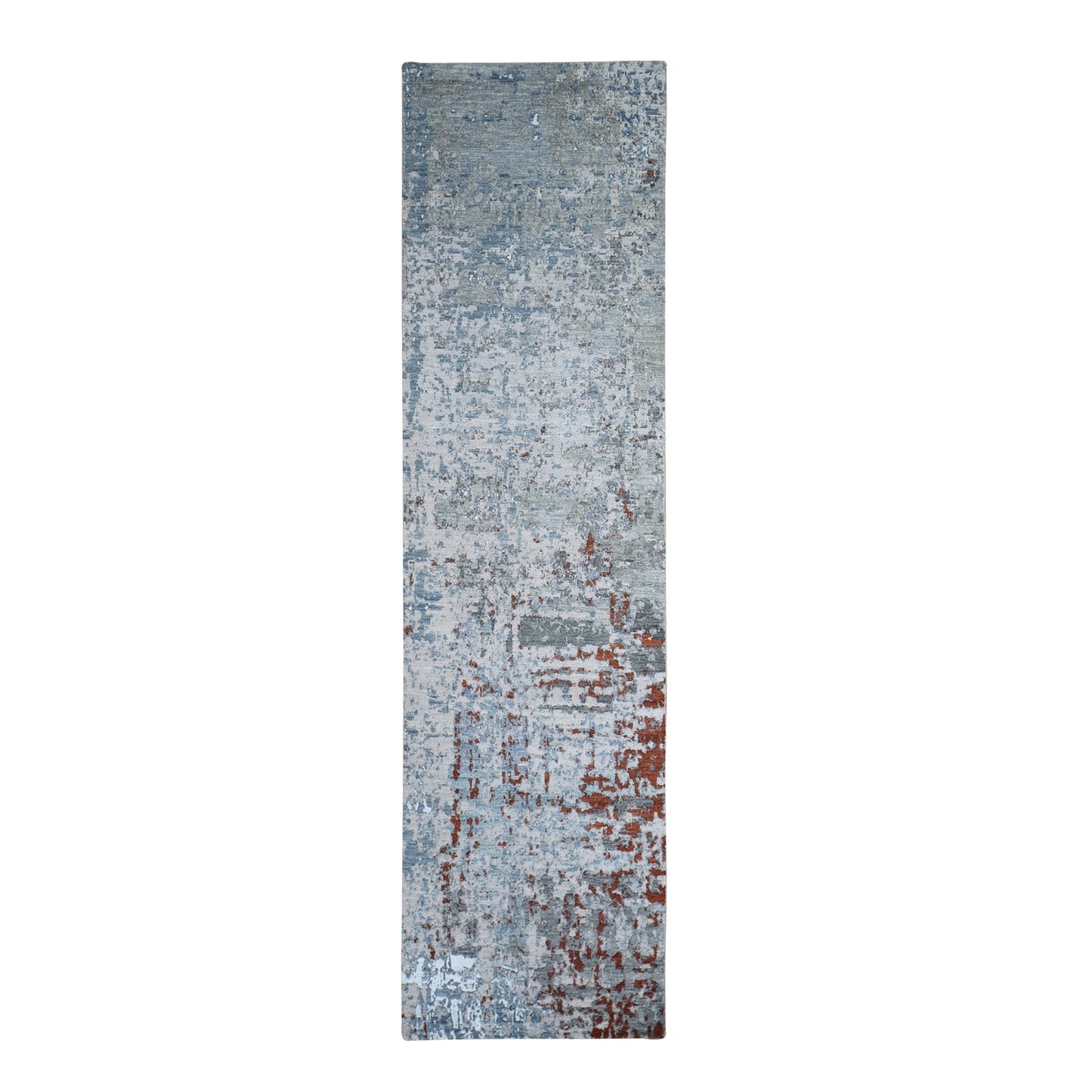 2'6"X10'2" Abstract Design Wool&Silk Denser Weave Hand Knotted Runner Rug