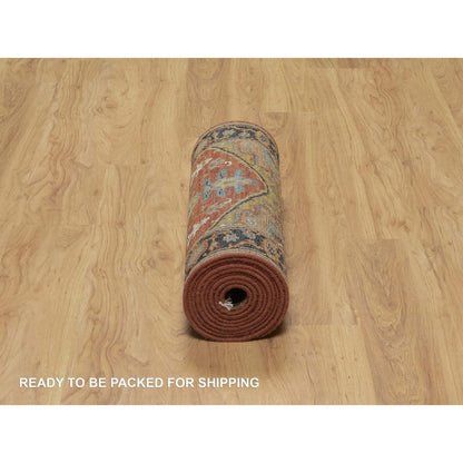 2'6"X12'2" Red Hand Knotted Antiqued Heris Revival Pure Wool Runner Rug