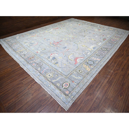 12'2"X15'5" Gray Angora Oushak Colorful Motifs Soft Wool Oriental Rug