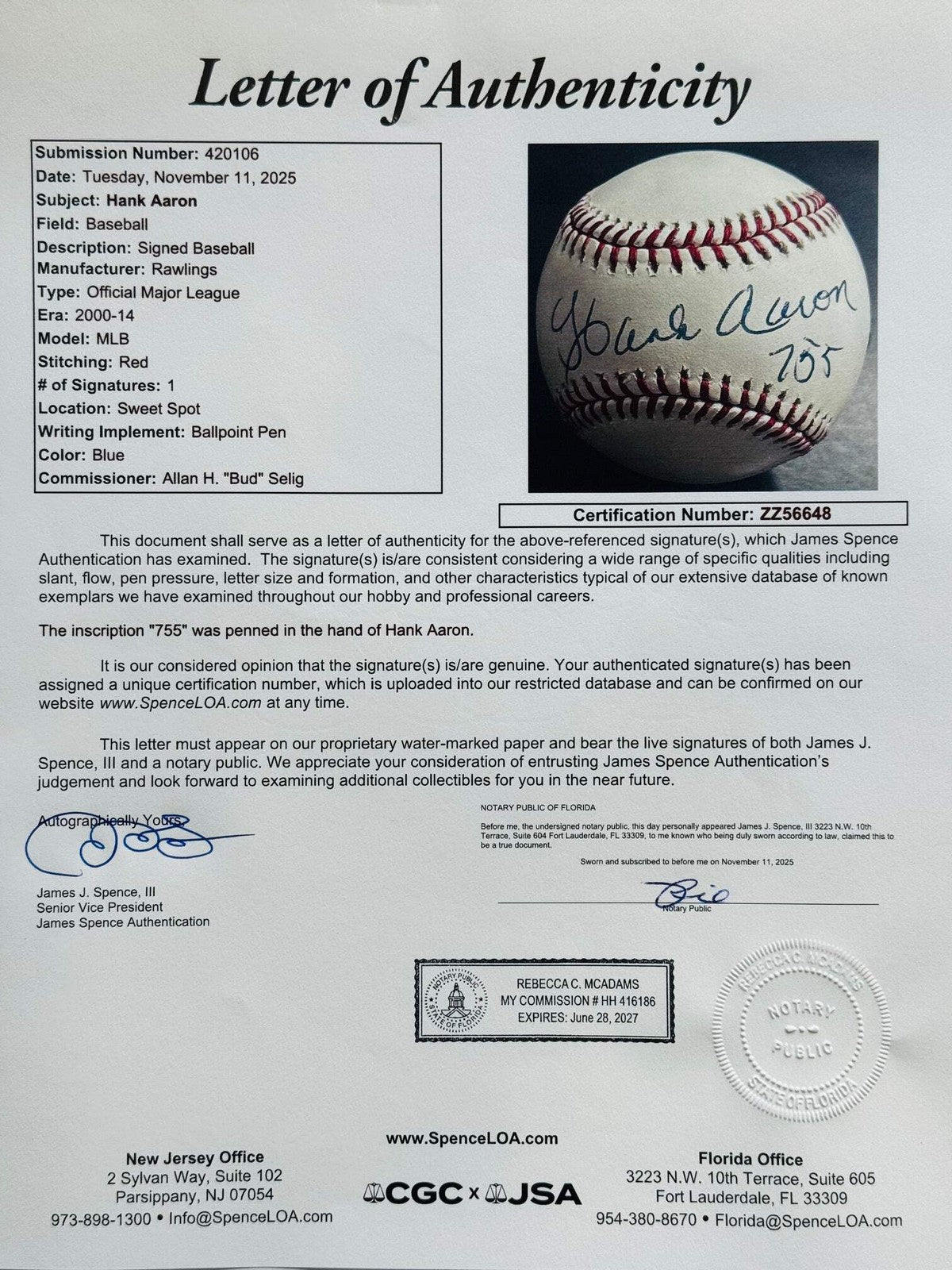 Hank Aaron 755 Autographed Official Major League Baseball (Jsa)