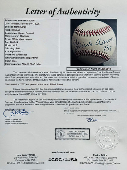 Hank Aaron 755 Autographed Official Major League Baseball (Jsa)