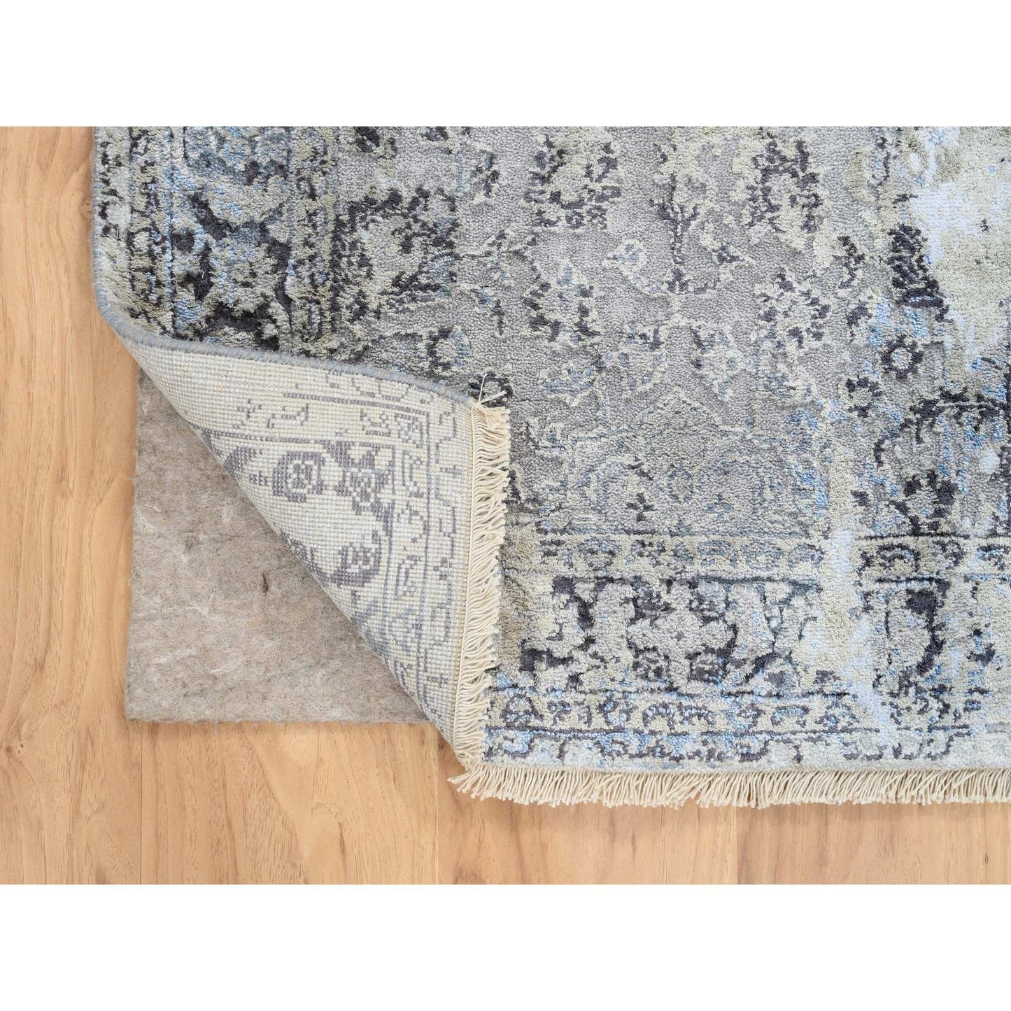 2'6"X6'1" Gray Hand Knotted Broken Kishoon Design Wool/Silk Runner Rug