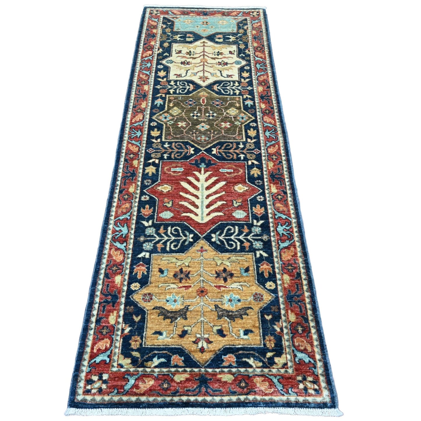 2'7"X7'10" Blue Caucasian Akstafa Design Hand Knotted All Wool Runner Rug