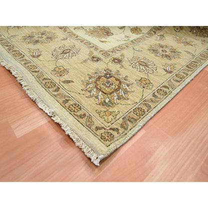 7'3"X9'3" Ivory Hand Knotted Agra Ziegler Design Leaf Pattern Wool Rug