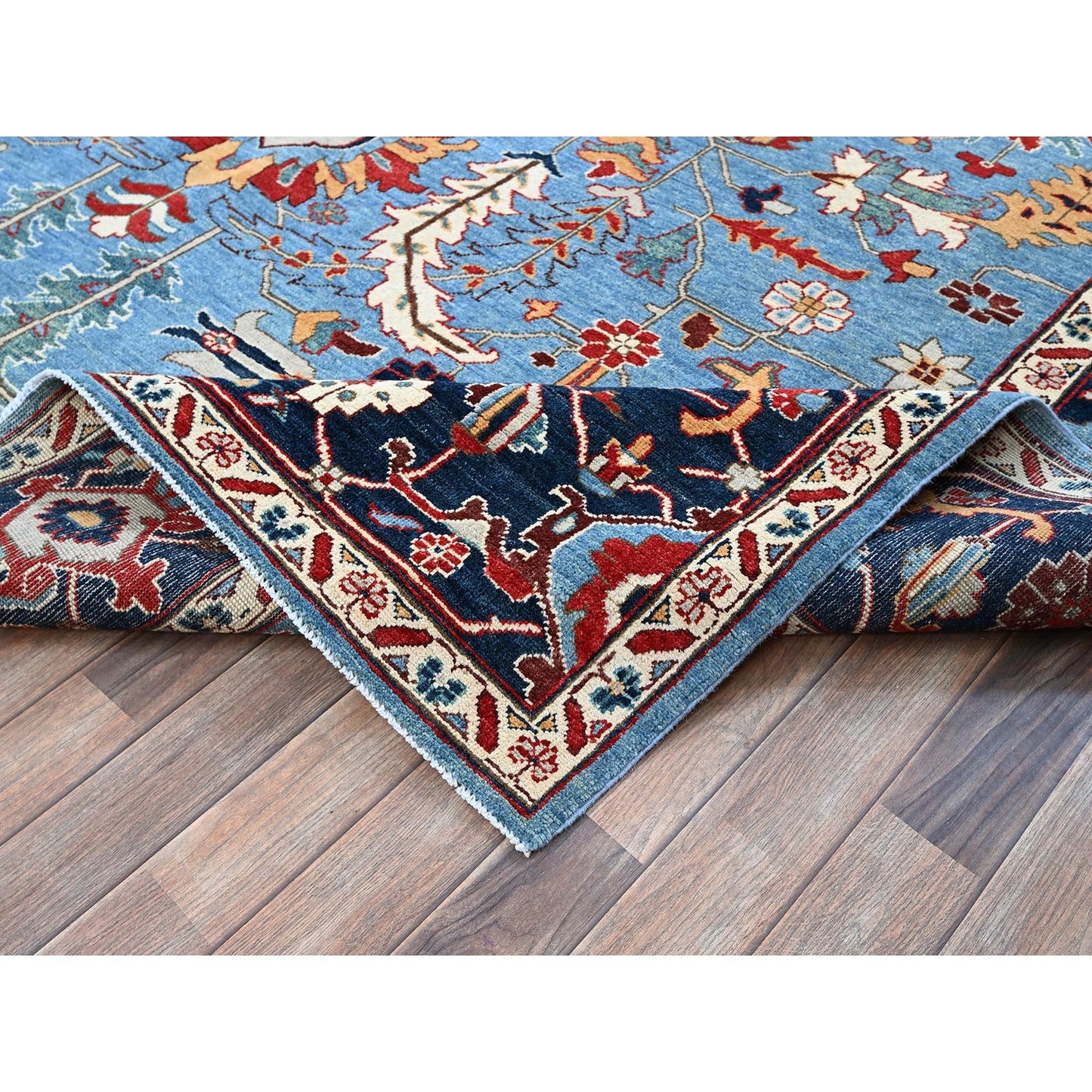 9'2"X11'8" Blue Peshawar With Heris All Over Design Wool Hand Knotted Rug