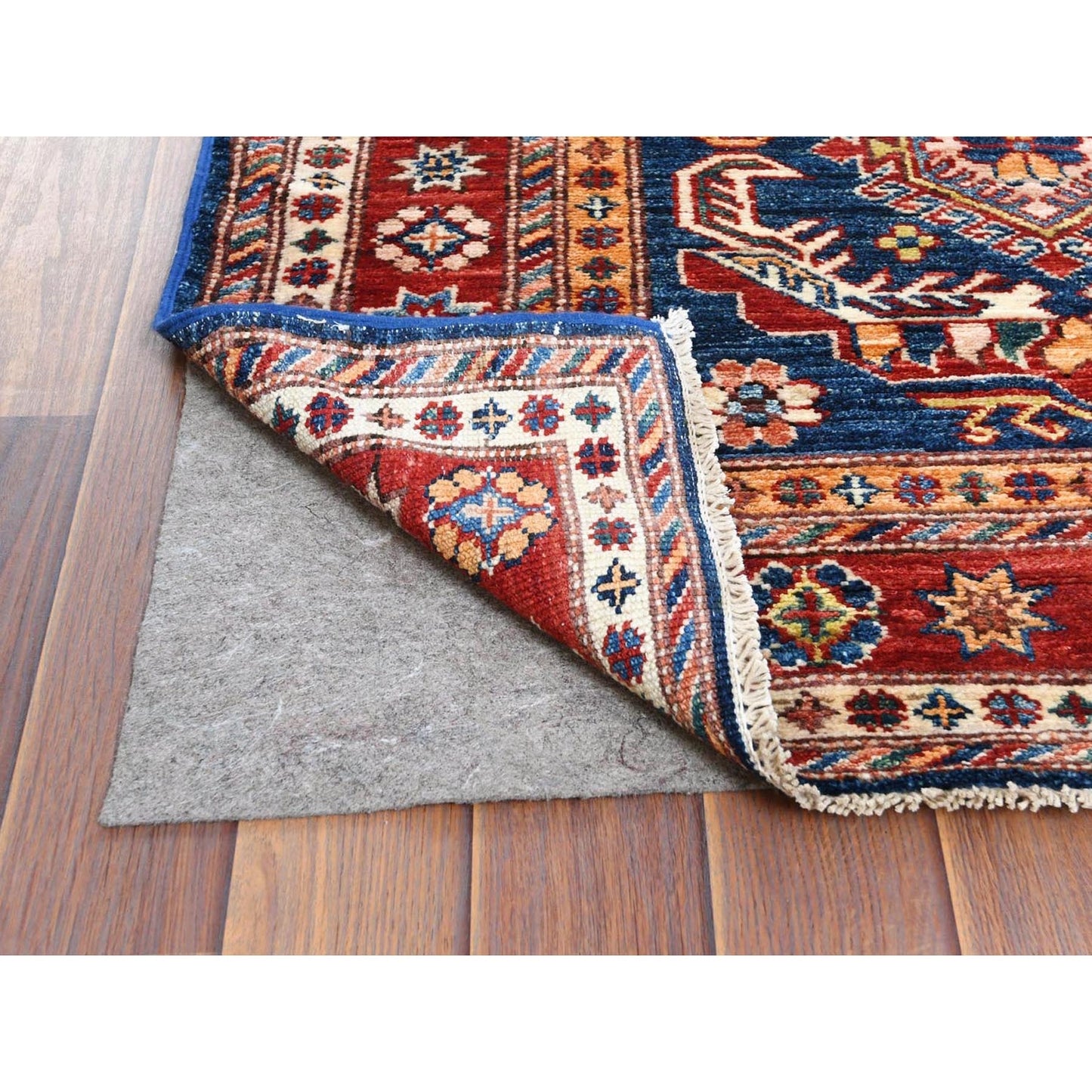 2'10"X11' Shiny Wool Hand Knotted Navy Blue Afghan Super Kazak Runner Rug