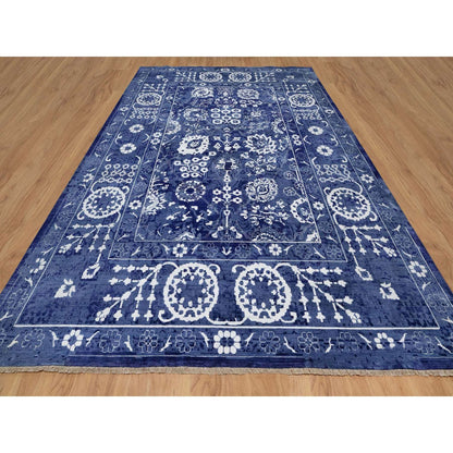 9'10"X14' Blue Tebraz With Leaf Design Hand Knotted Wool And Silk Rug