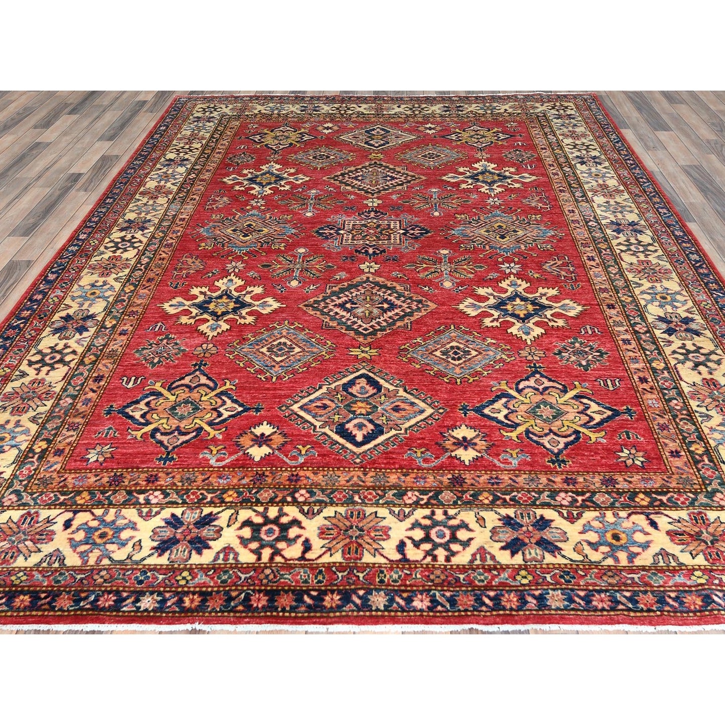 7'10"X10'6" Coral Red Natural Wool Hand Knotted Afghan Super Kazak Rug