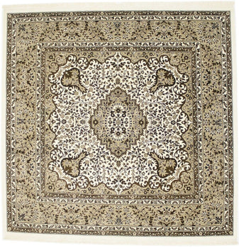 Hand-Knotted Cream Kirman Square Rug Oriental