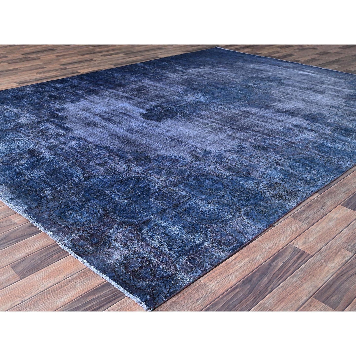 8'3"X10'9" Blue Overdyed Worn Soft Wool Hand Knotted Rug