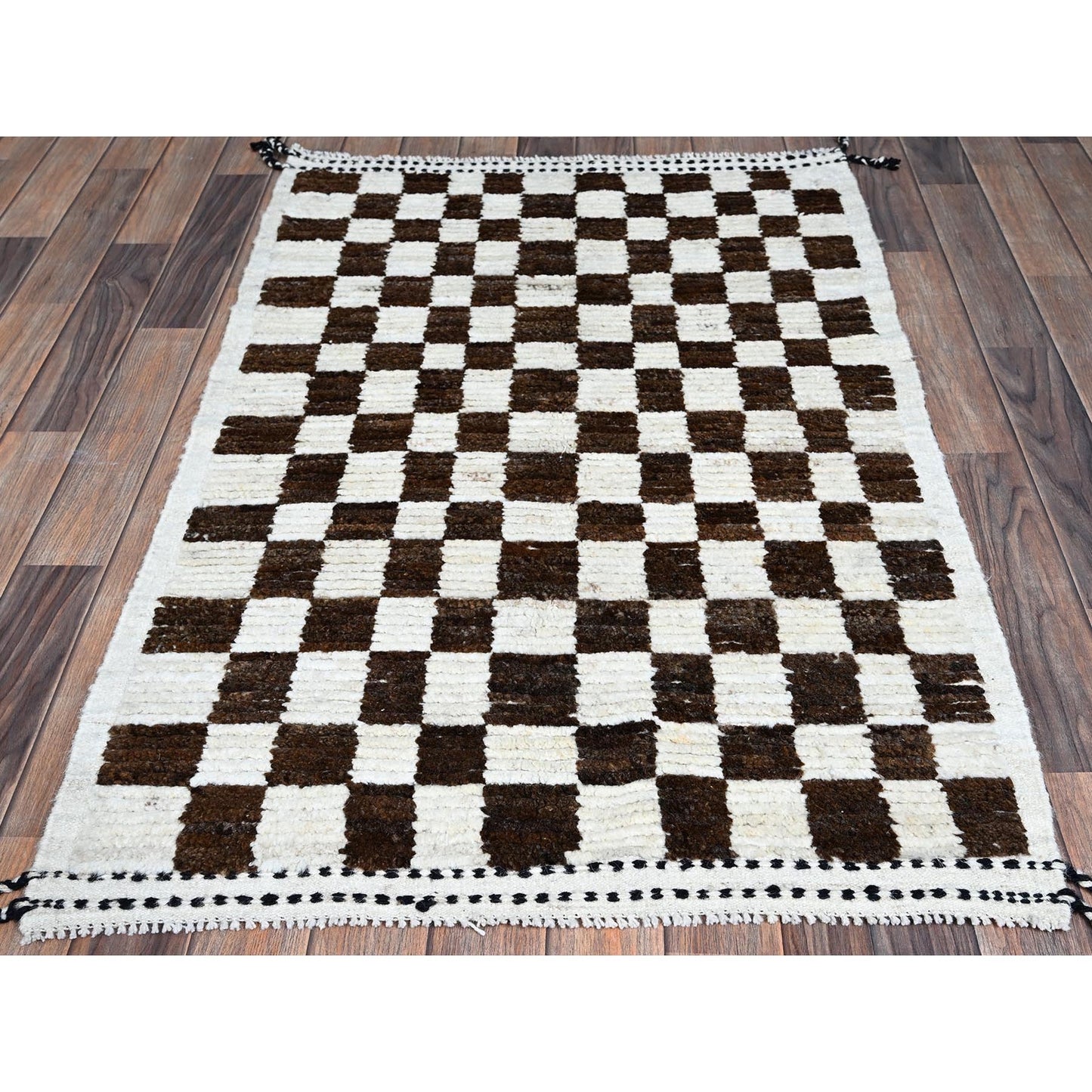 2'10"X4'10" Brown Moroccan Weave Squares Design Pure Wool Hand Knotted Rug