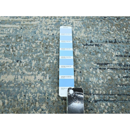 8'X10'1" Blue Horizontal Ombre Design Wool And Pure Silk Hand Knotted Rug