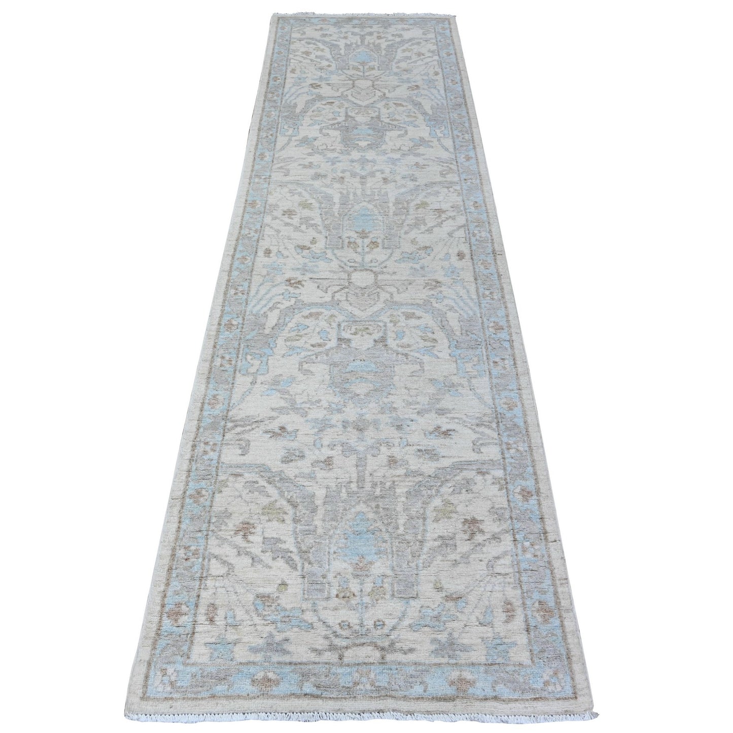 2'8"X9'6" White Stone Wash Peshawar Hand Knotted Organic Wool Runner Rug