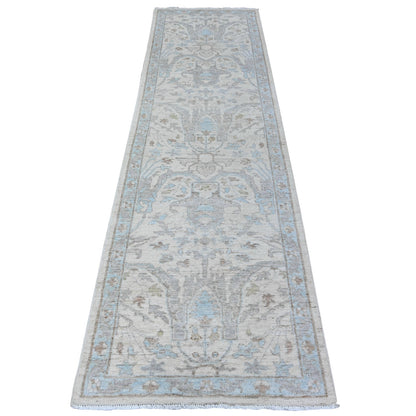 2'8"X9'6" White Stone Wash Peshawar Hand Knotted Organic Wool Runner Rug