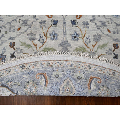 10'X10' Whirlwind Gray Wool Hand Knotted Floral Motifs Oushak Round Rug