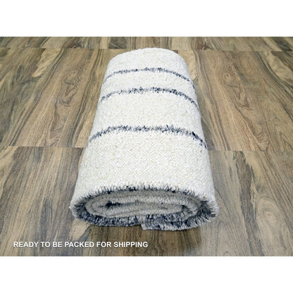 9'3"X12'1" White Moroccan Weave With Line Design Wool Hand Knotted Rug