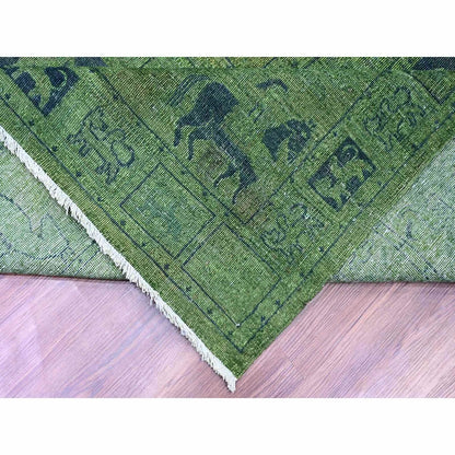 9'9"X13'8" Green Overdyed Peshawar Pazyryk Design Wool Hand Knotted Rug