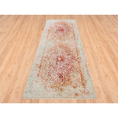 4'2"x10' Farsian Design Wool and Silk Hand Knotted Ivory Wide Runner Rug