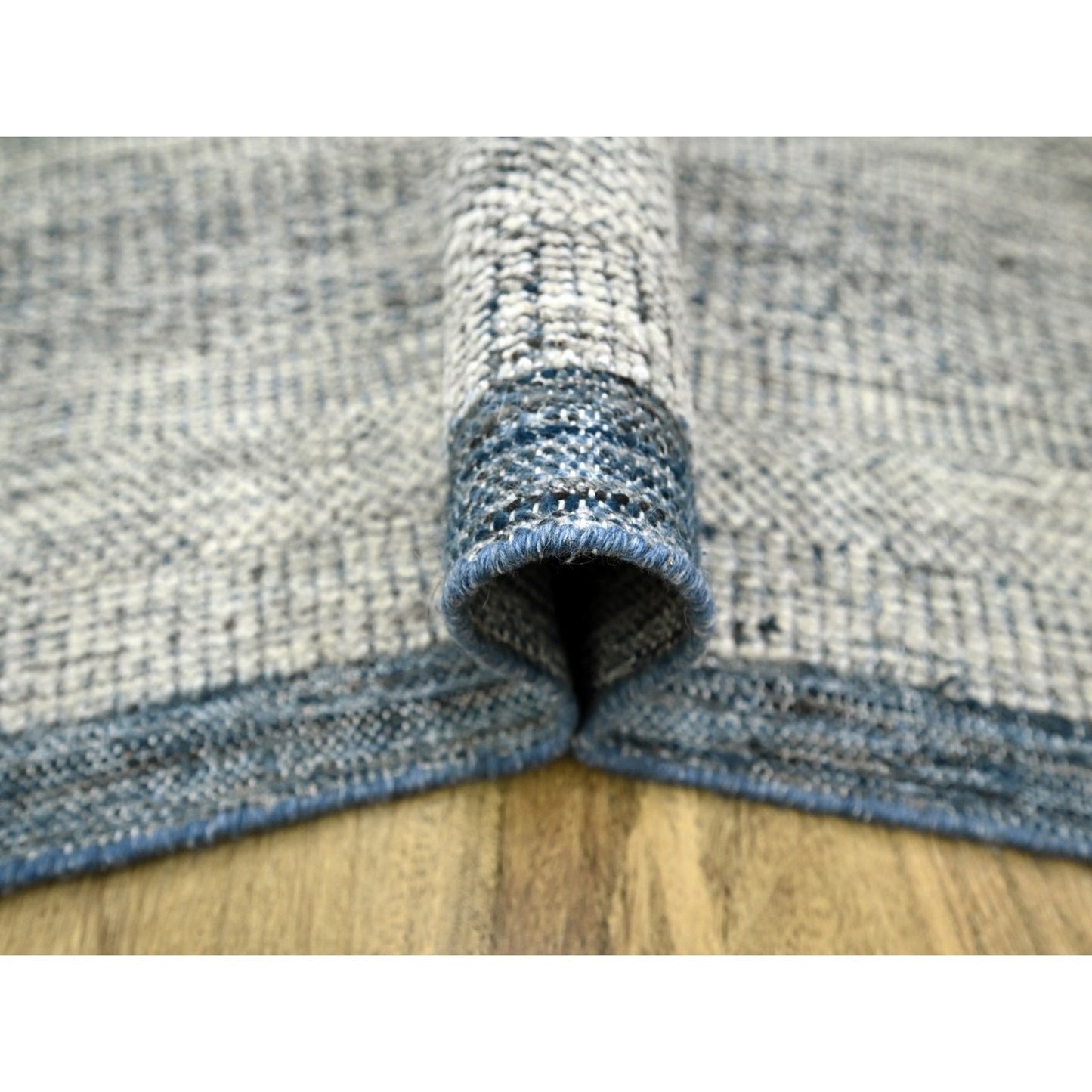 7'10"x10' Yale Blue Wool Rug Distressed Oxidized Grass Design Hand Knotted