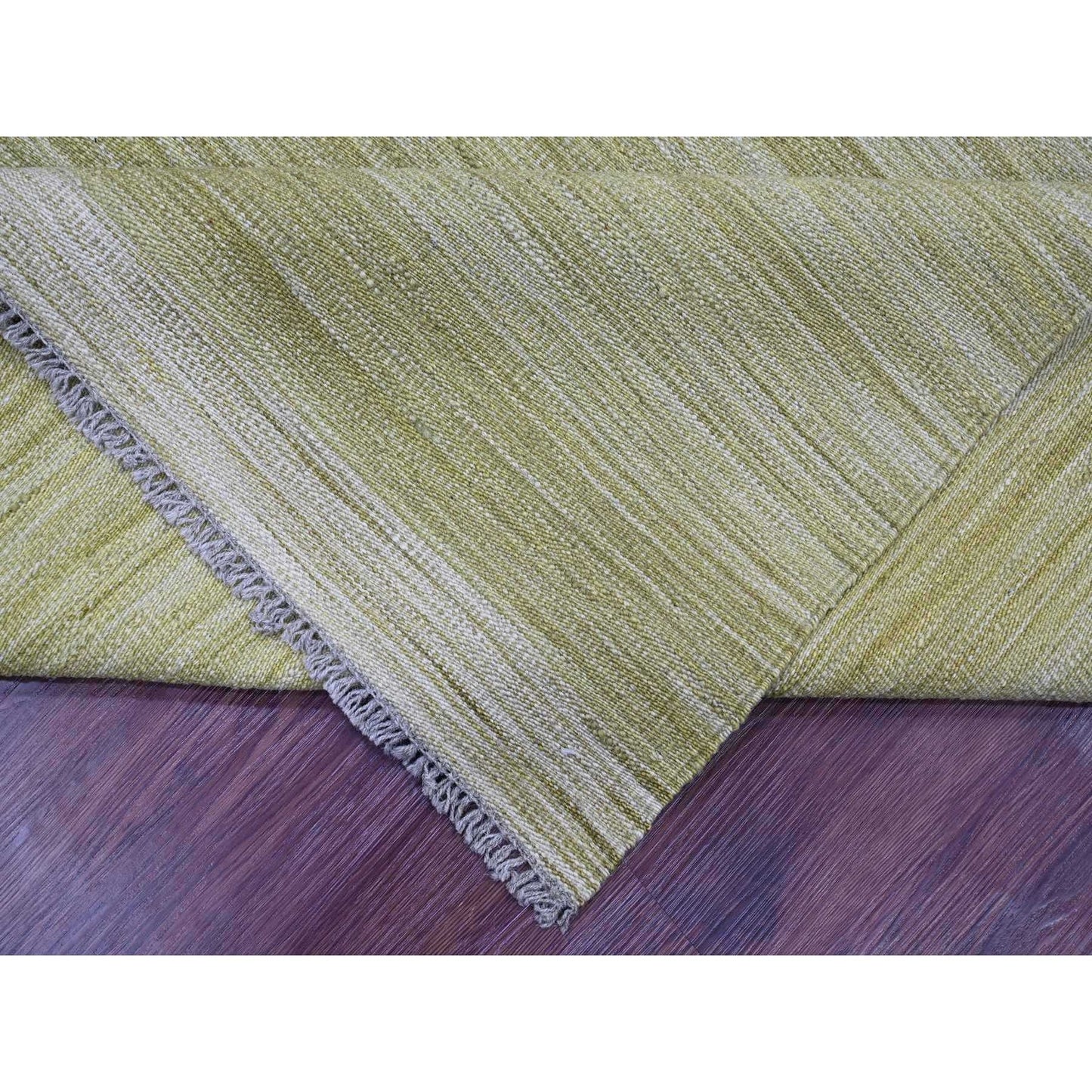8'8"X12' Green Solid Design Hand Woven Hand Spun Wool Flat Weave Rug
