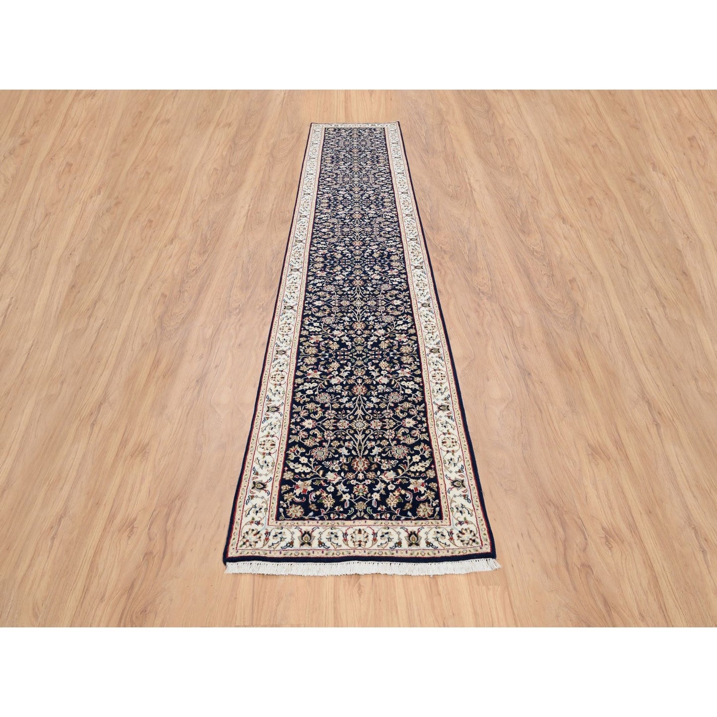 2'9"X14' Midnight Blue Nain Flower Design Wool Hand Knotted Runner Rug