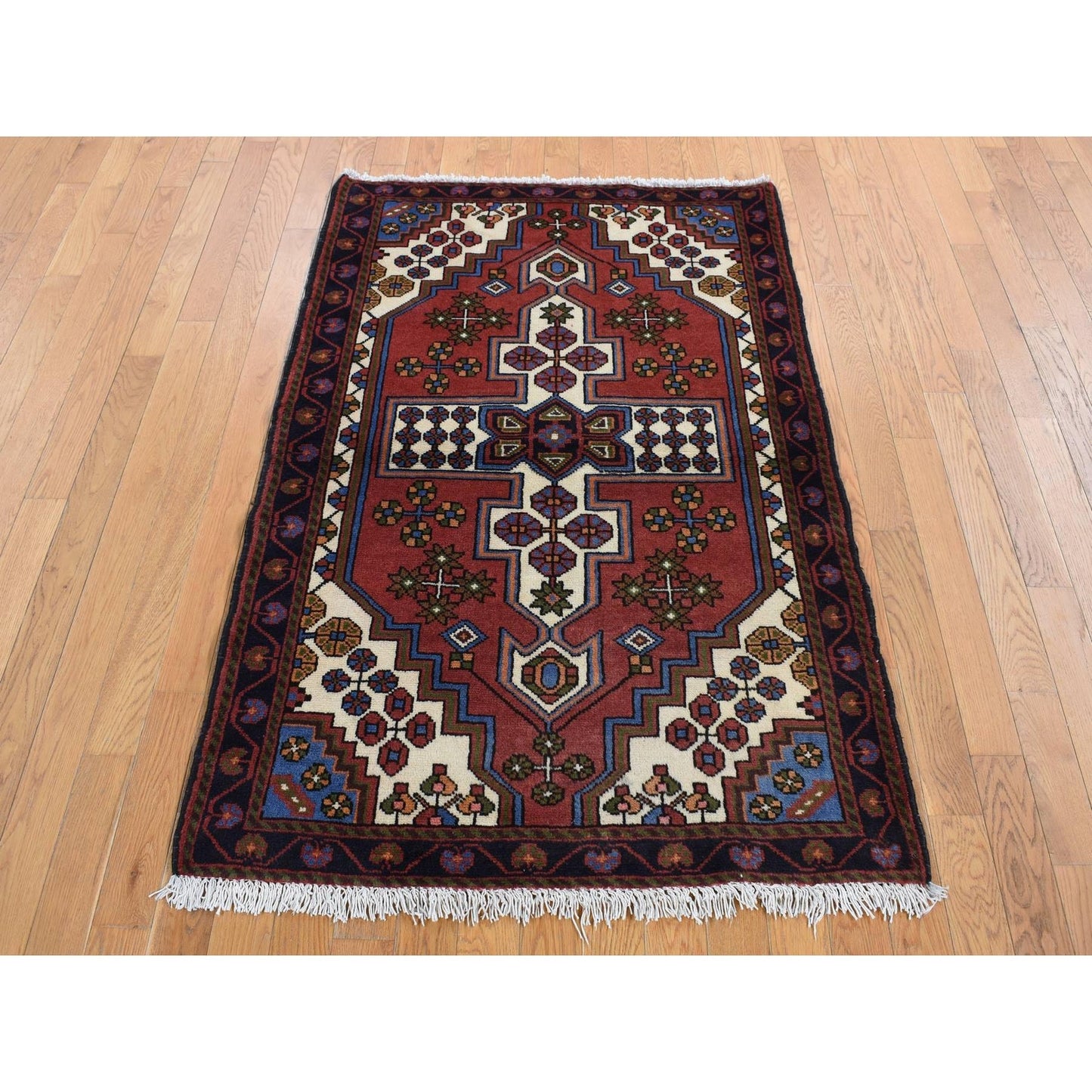 3'5"X5' Red Vintage Bohemian Zoroastrian Khamadan Wool Hand Knotted Rug