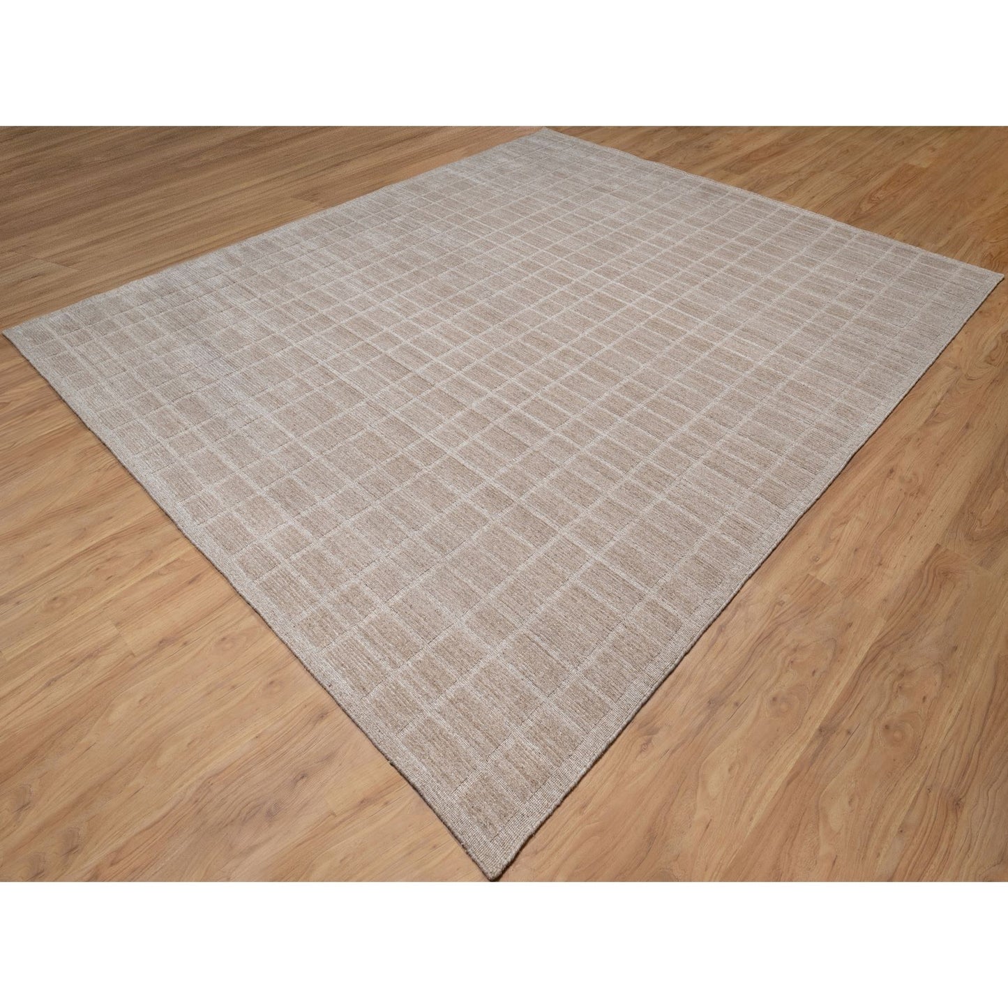 8'3"X9'10" Beaver Brown Hand Loomed Modern Erased Box Design All Wool Rug