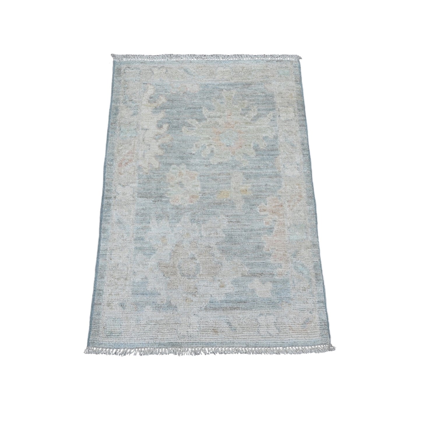 2'1"X3' Mineral Blue Hand Knotted Afghan Angora Oushak 100% Wool Mat Rug