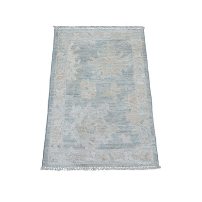 2'1"X3' Mineral Blue Hand Knotted Afghan Angora Oushak 100% Wool Mat Rug