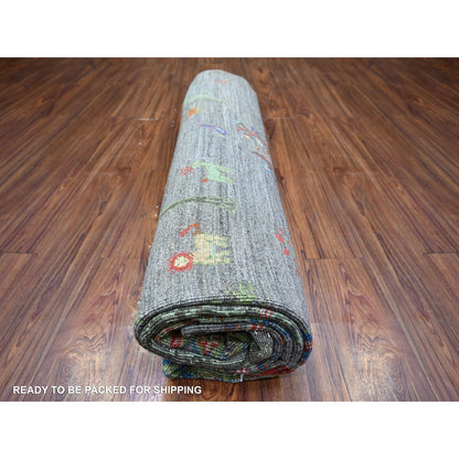 8'X9'5" Gray Folk Art Willow Cypress Tree Design Wool Hand Knotted Rug