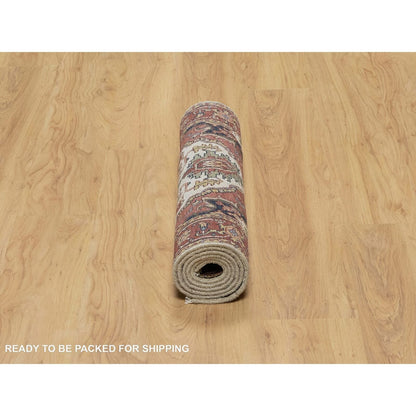 2'7"X6'2" White Wool Antiqued Heris Re-Creation Hand Knotted Runner Rug