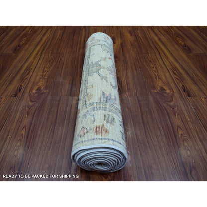 2'8"X11'8" Ivory Leaf Design Hand Knotted Angora Oushak Wool Runner Rug
