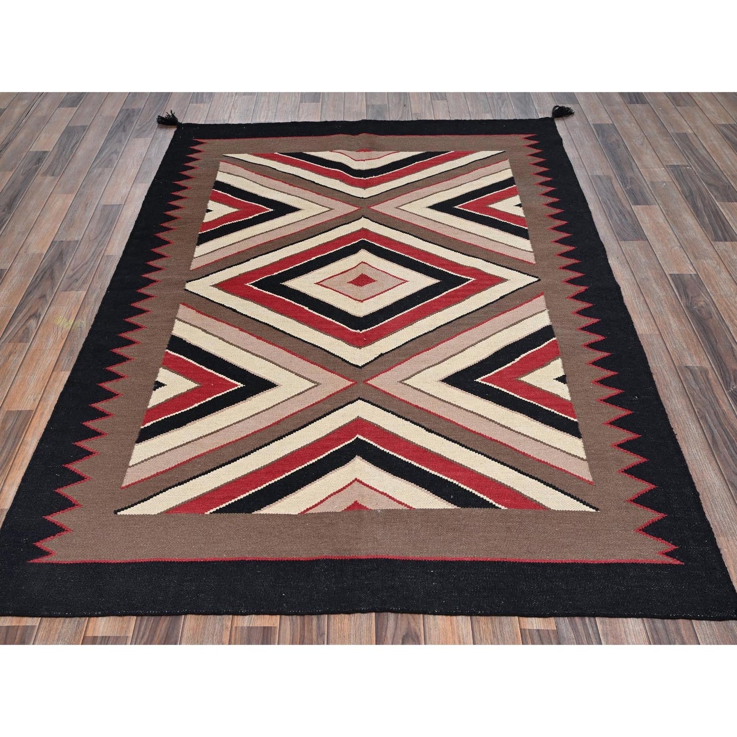 5'2"x7' Brown Flat Weave Southwest Geometric Design Hand Woven Wool Rug