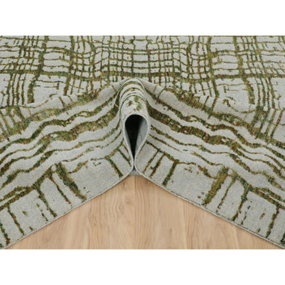 11'9"X14'8" Oversized Green Fine Jacquard Hand Loomed Wool & Art Silk Rug
