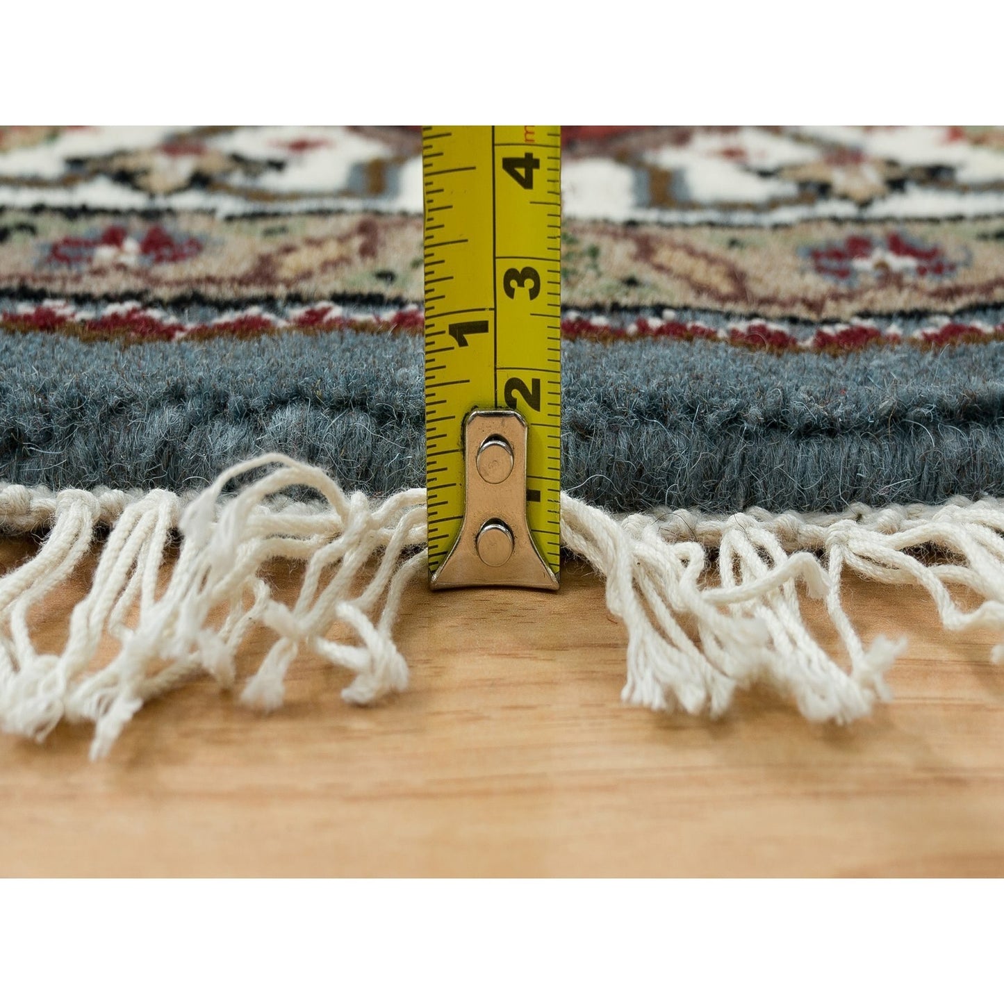 5'X5' Gray Wool And Silk Hand Knotted Tebraz Mahi Round Oriental Rug