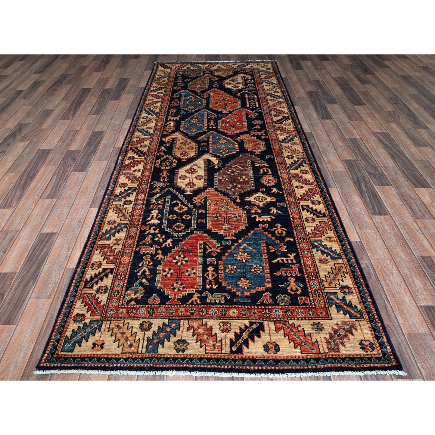 4'X9'9" Midnight Blue Large Paisley Design Wool Hand Knotted Runner Rug