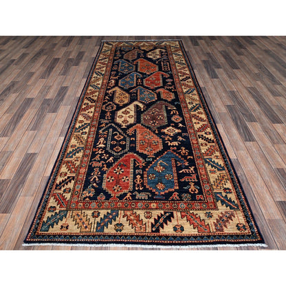 4'X9'9" Midnight Blue Large Paisley Design Wool Hand Knotted Runner Rug