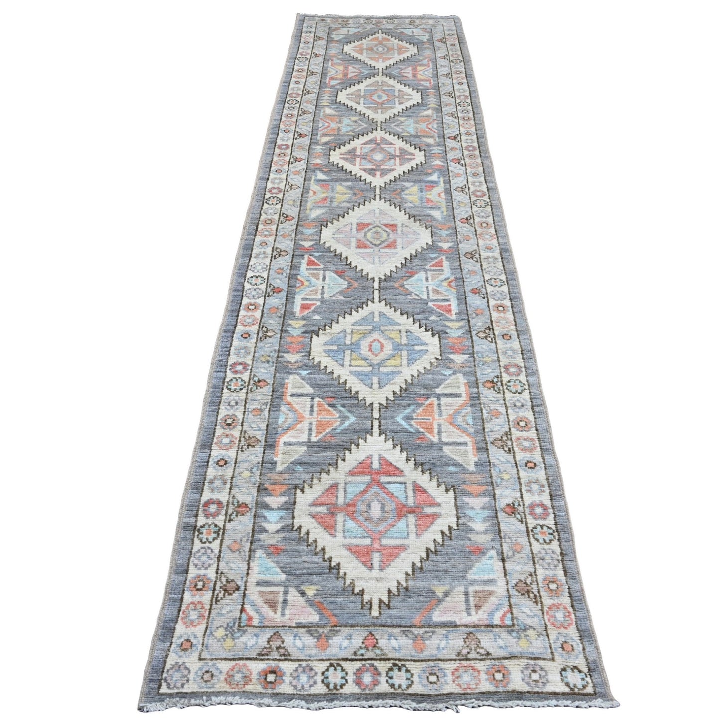 3'X11'6" Gray Anatolian Village Design Hand Knotted Pure Wool Runner Rug