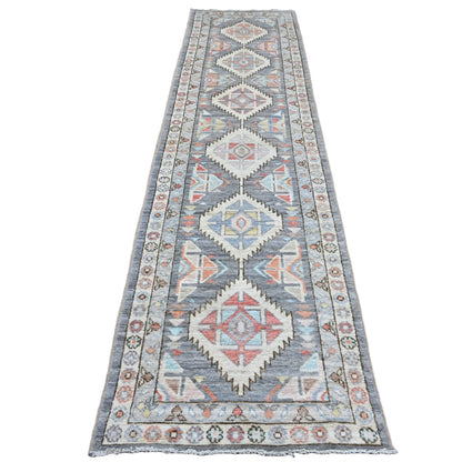 3'X11'6" Gray Anatolian Village Design Hand Knotted Pure Wool Runner Rug