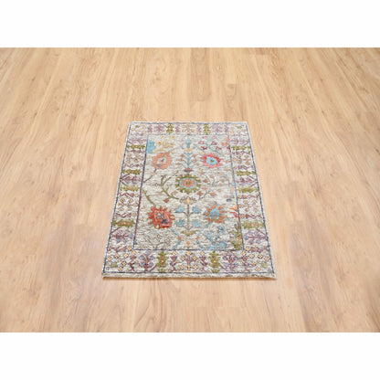 2'3"X3'2" Beige Silk With Textured Wool Hand Knotted Oriental Mat Rug