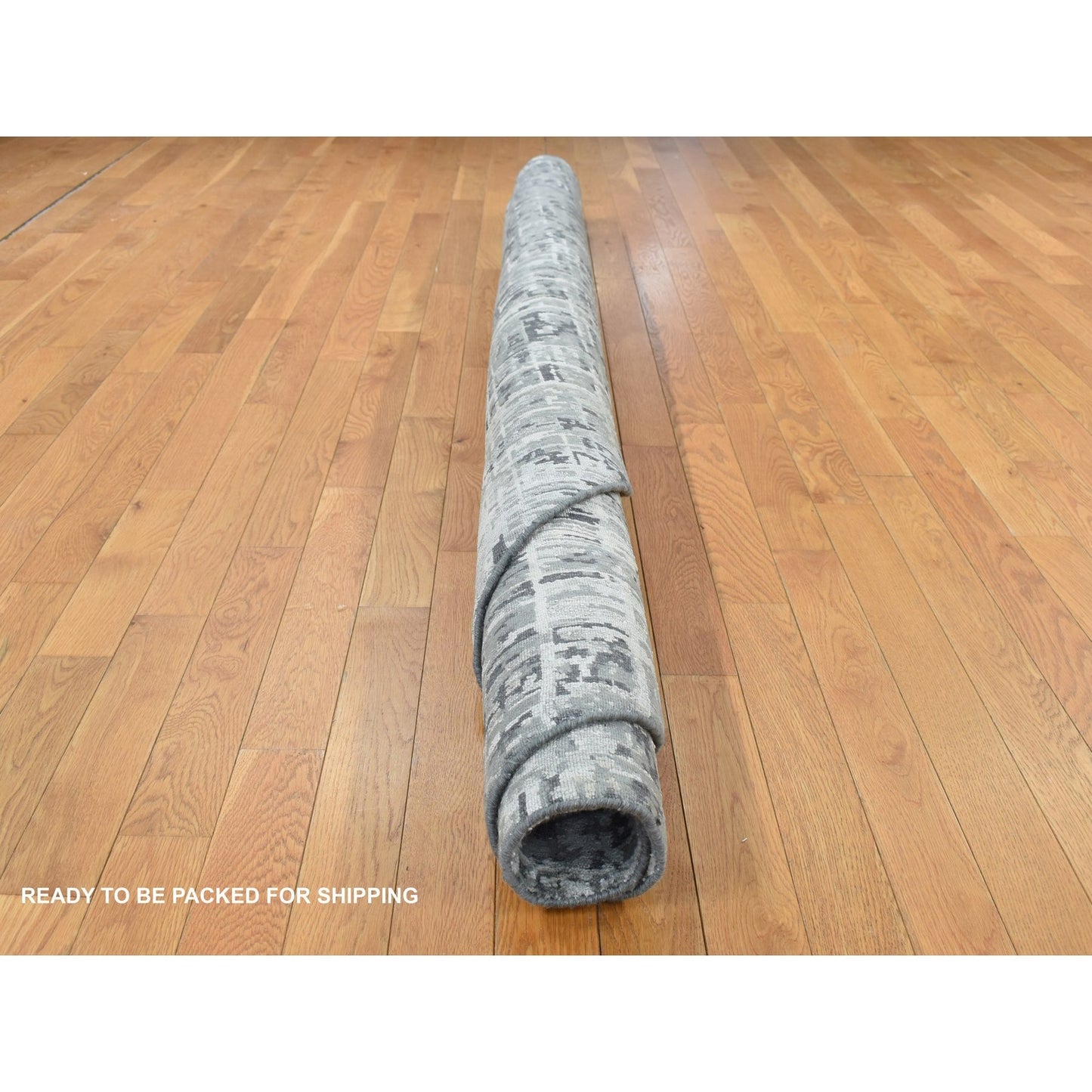 8'2"X8'2" Gray Wool And Silk Abstract Design Hand Knotted Round Rug