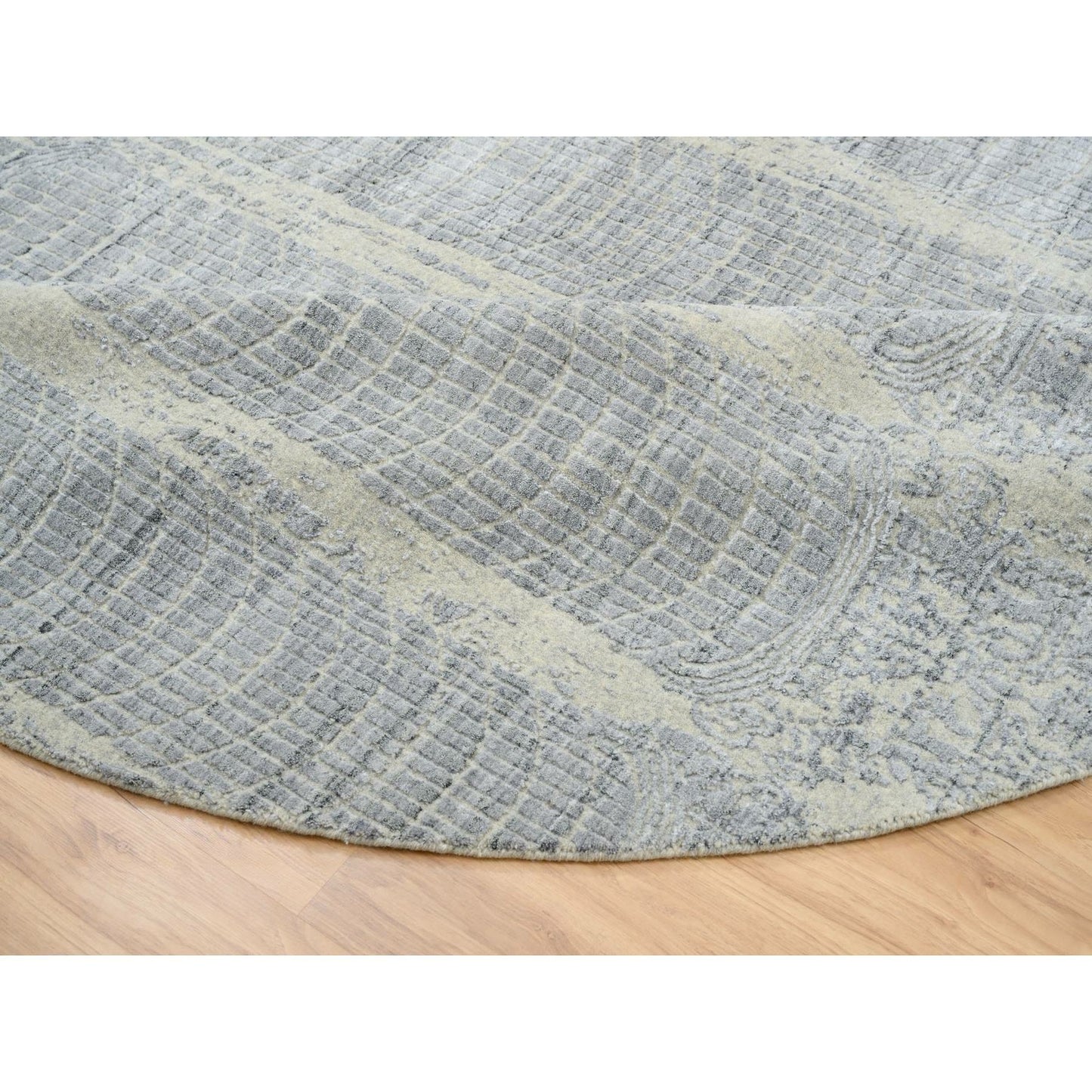 9'X9' Gray Jacquard Hand Loomed Wool And Plant Based Silk Round Rug