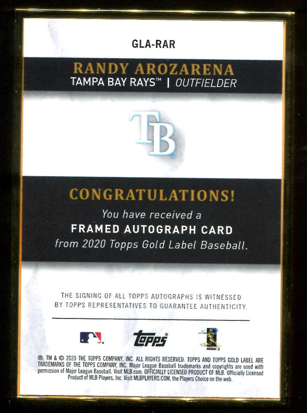 Randy Arozarena 2020 Topps Gold Label Autographed Rookie Card