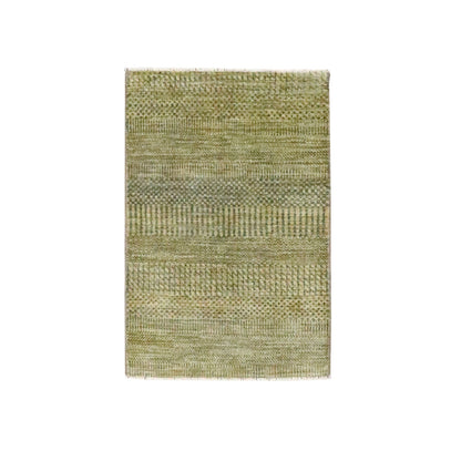 Rug 2'x3' Ecru Brown Modern Grass Design Hand Knotted Wool with Silk Mat