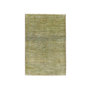 Rug 2'x3' Ecru Brown Modern Grass Design Hand Knotted Wool with Silk Mat