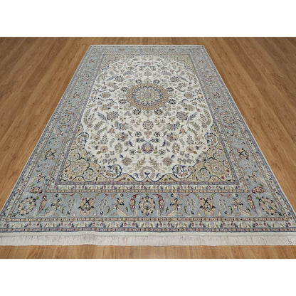 8'7"X12' Ivory Wool And Silk Nain Medallion Design Hand Knotted Rug