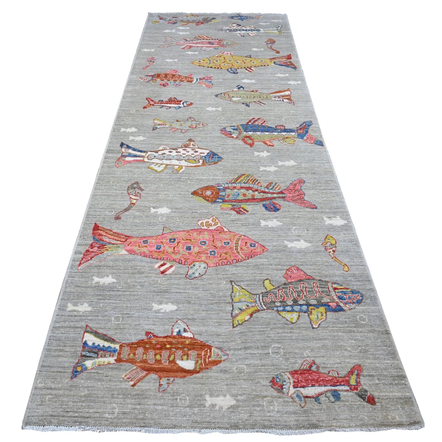 4'1"X12' Rocky Gray Hand Knotted Wool Peshawar Oceanic Fish Oriental Rug