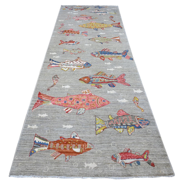 4'1"X12' Rocky Gray Hand Knotted Wool Peshawar Oceanic Fish Oriental Rug