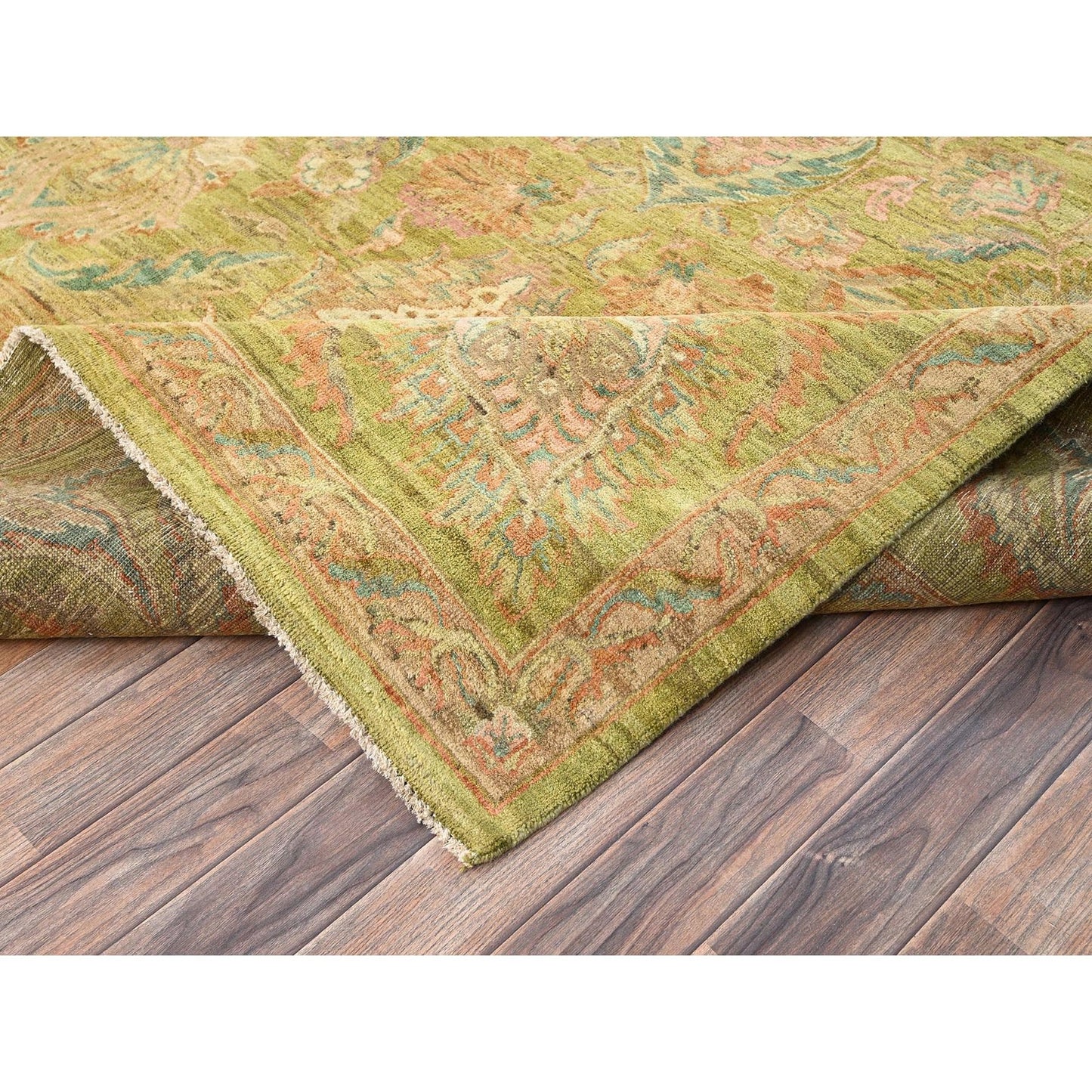 8'10"X12'1" Chino Green Vintage Rajasthan 100% Wool Hand Knotted Rug