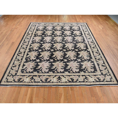 9'1"X12'4" Black Fine Peshawar Design Hand Knotted Pure Wool Rug
